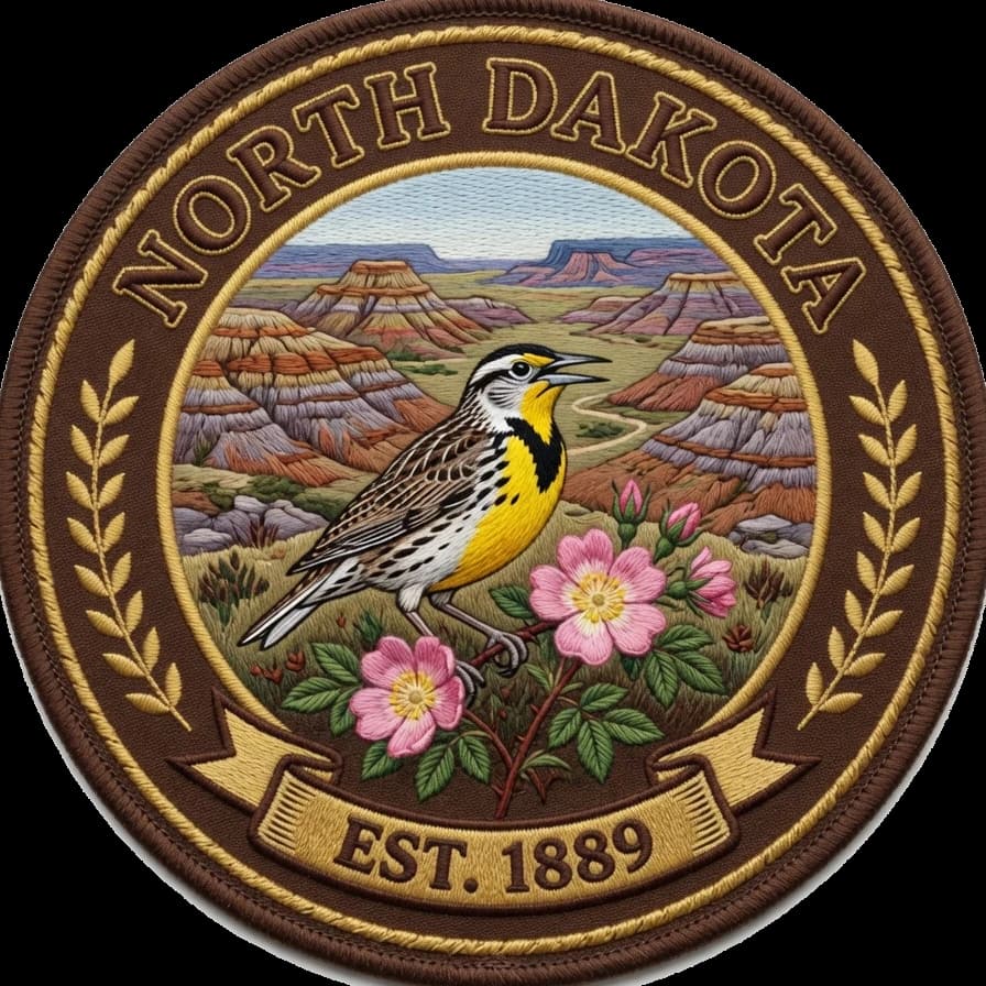 The North Dakota crest — embroidered heritage medallion