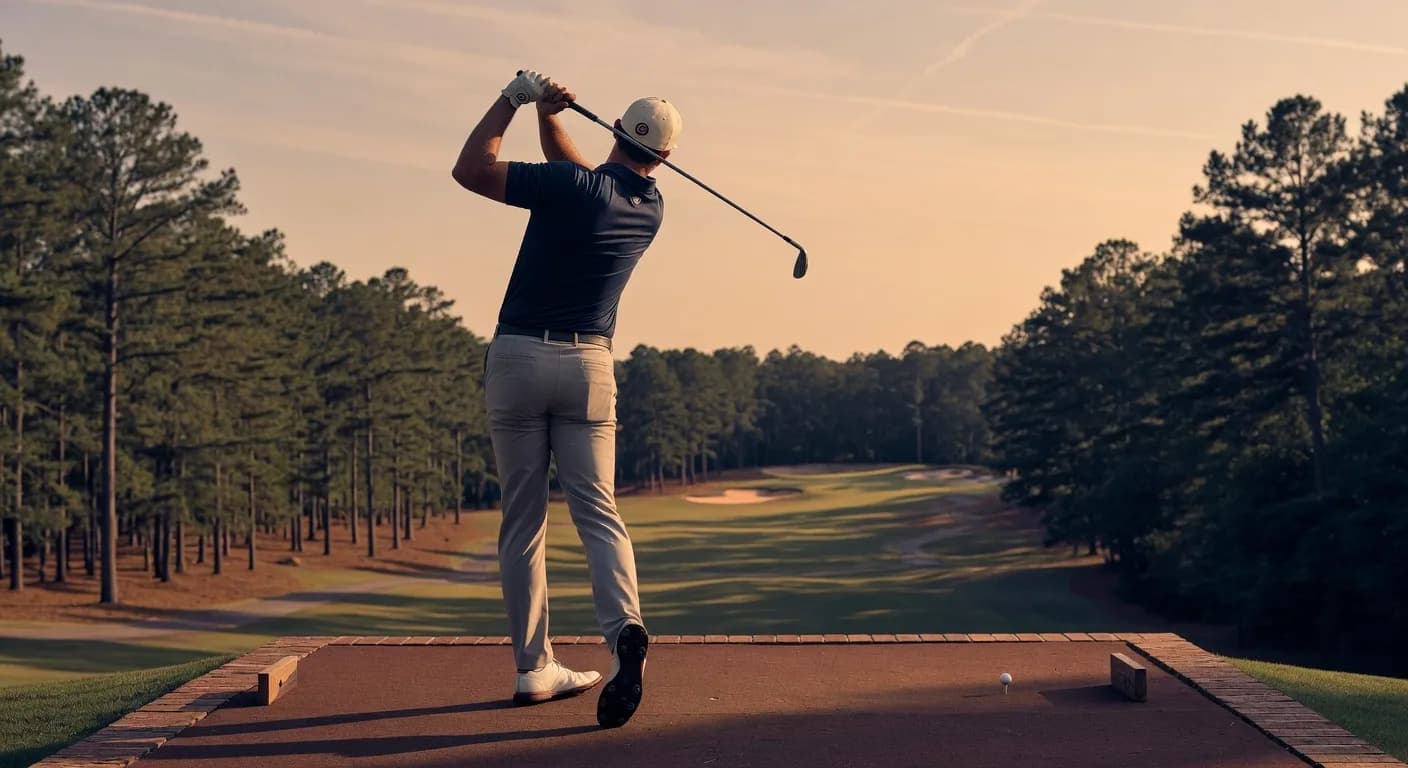 A golfer at the top of his backswing on an elevated tee at golden hour