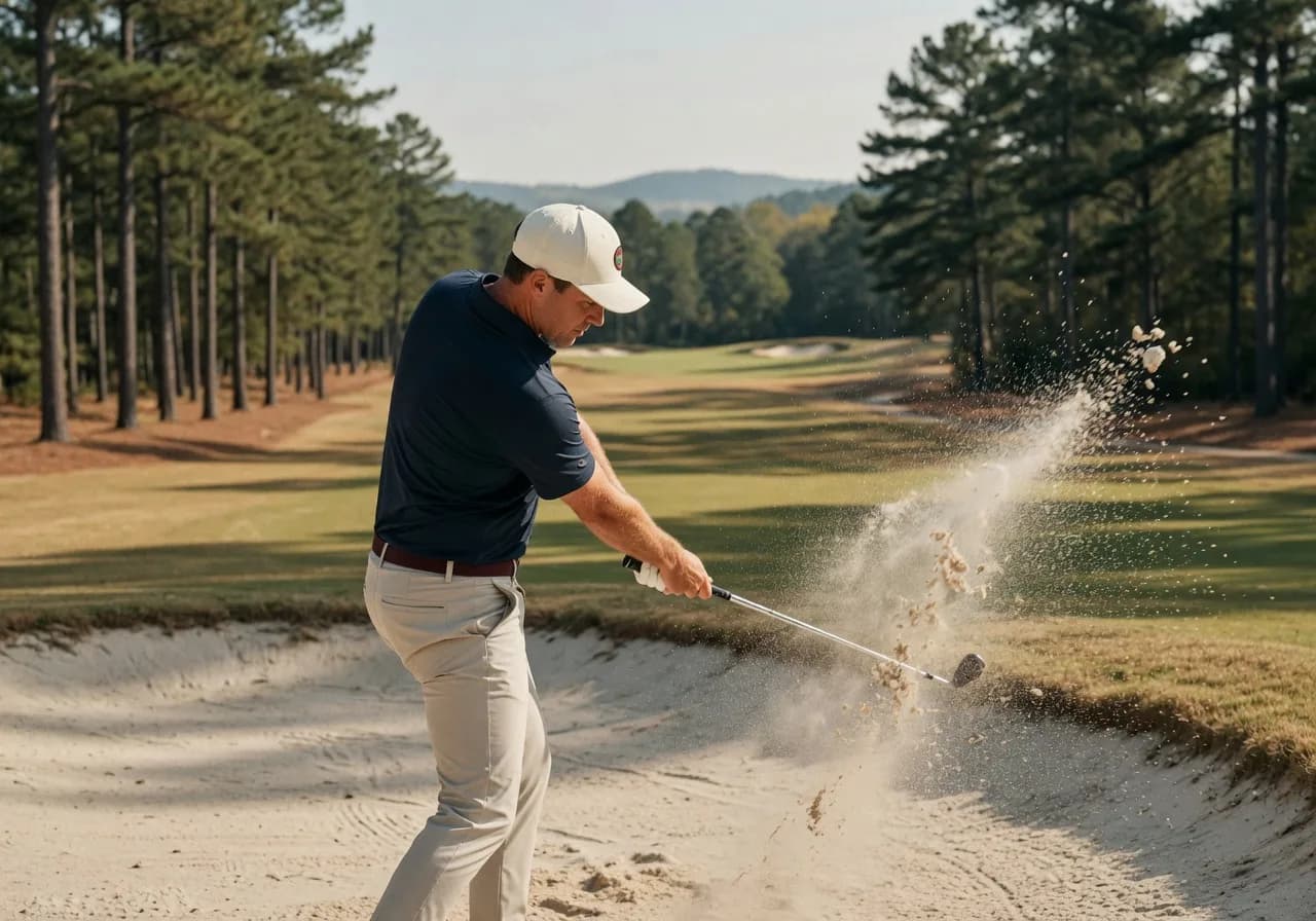 A golfer playing out of a bunker, sand exploding off the wedge