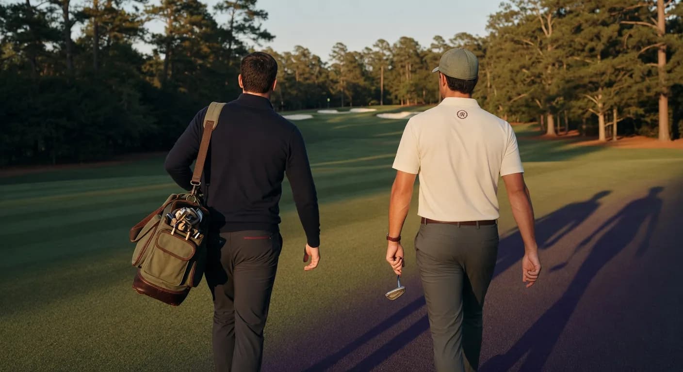 Two golfers walking the fairway at golden hour, one carrying a leather Sunday bag