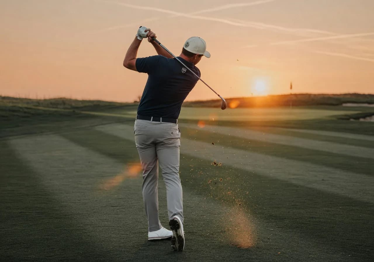 A golfer at the full extension of his follow-through into a low sun