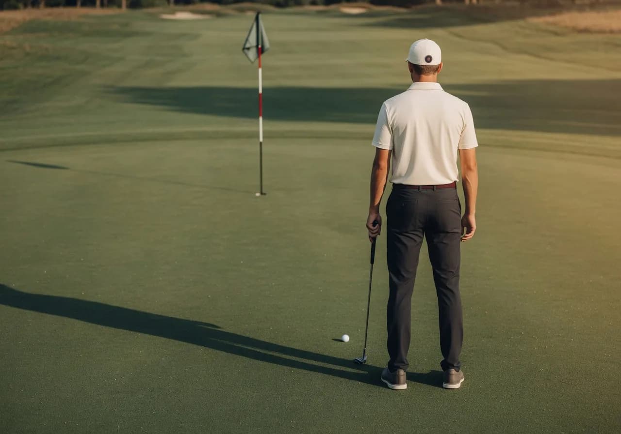 A golfer lining up a putt, the pin ahead on a pristine green