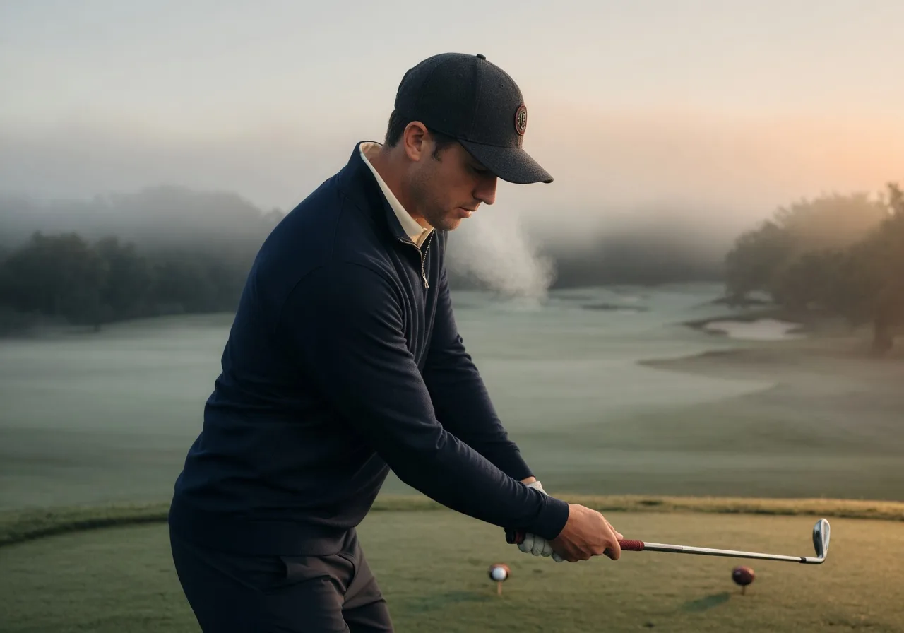 A golfer addressing the ball on a misty first tee at dawn