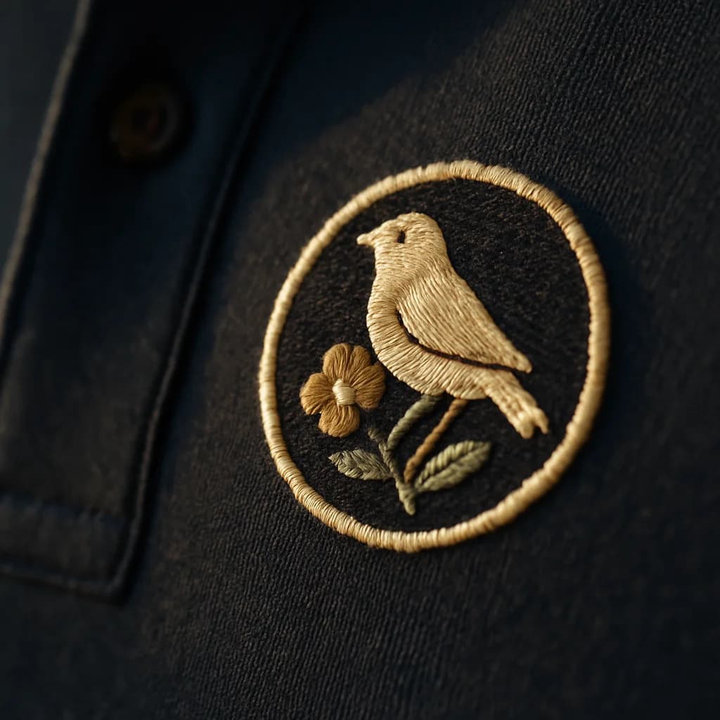 A macro view of an embroidered crest on a navy placket