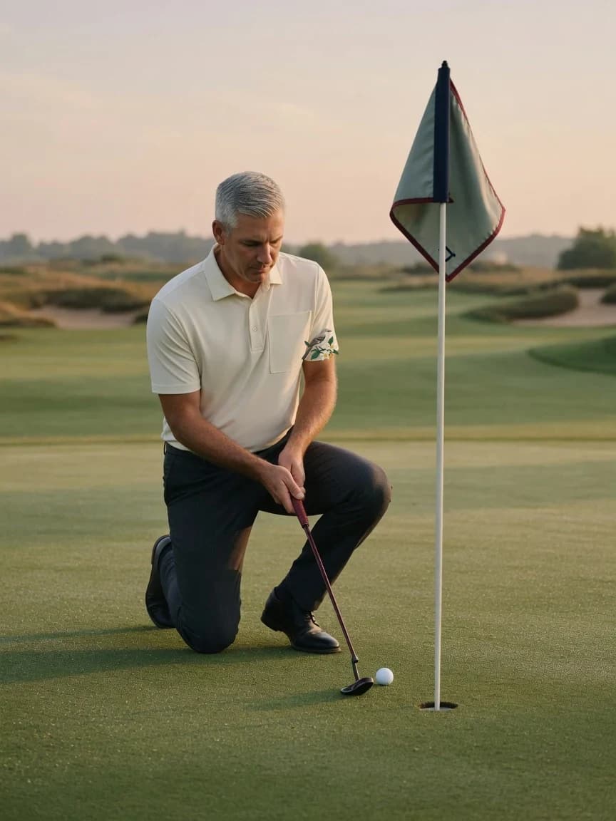 Florida State Polo lining up a putt — real embroidered Northern Mockingbird crest at left chest