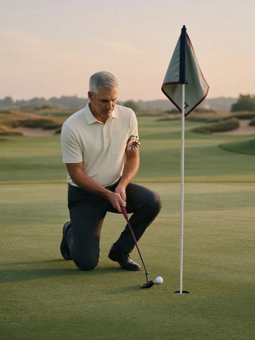 Georgia State Polo lining up a putt — real embroidered Brown Thrasher crest at left chest