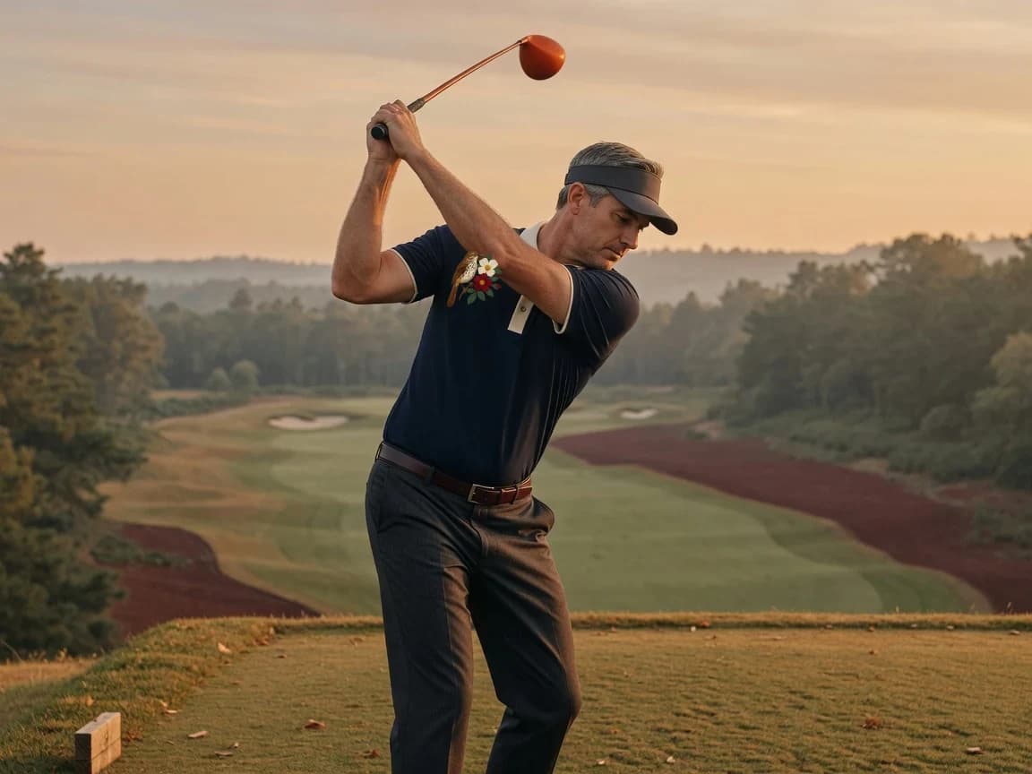 Georgia State Polo at the top of the backswing on an elevated tee — Brown Thrasher crest at left chest