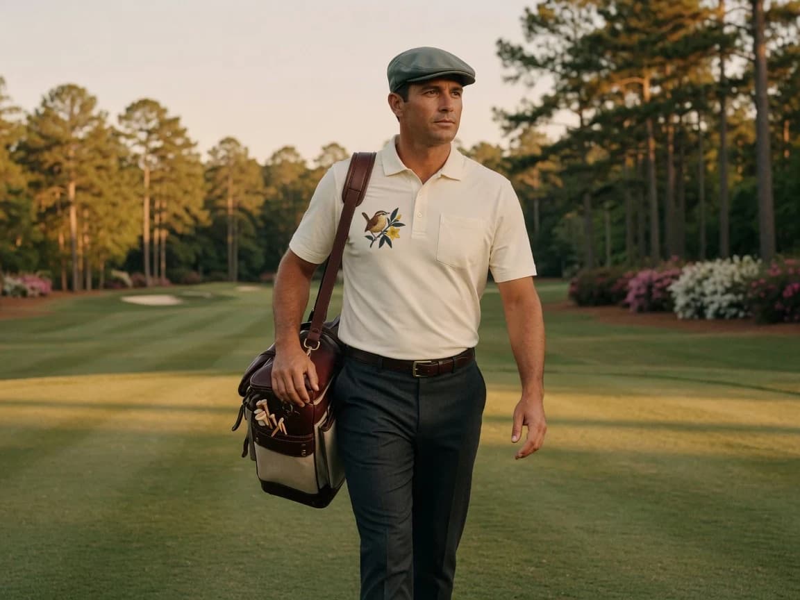 South Carolina State Polo on the fairway at golden hour — Carolina Wren crest at left chest