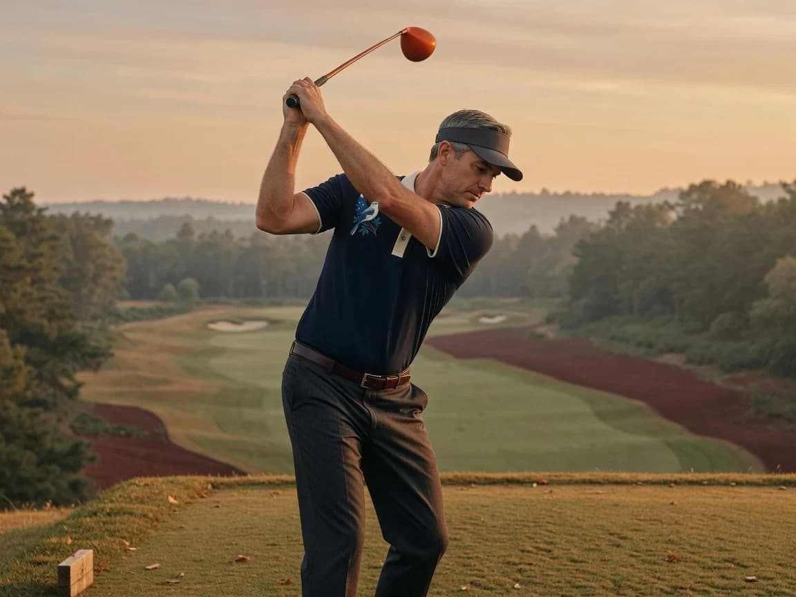 Texas State Polo at the top of the backswing on an elevated tee — Northern Mockingbird crest at left chest