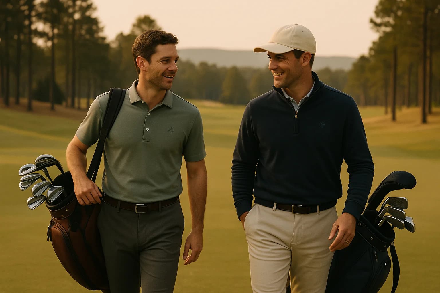 Two players walking the fairway together at golden hour