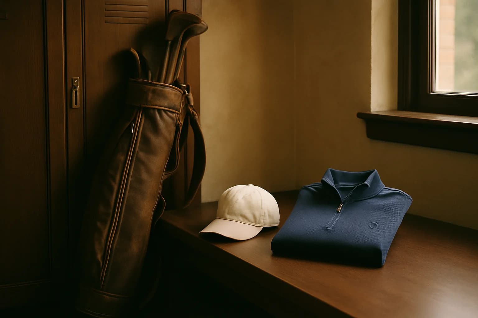 A folded quarter-zip and cap by a leather bag in the clubhouse locker room