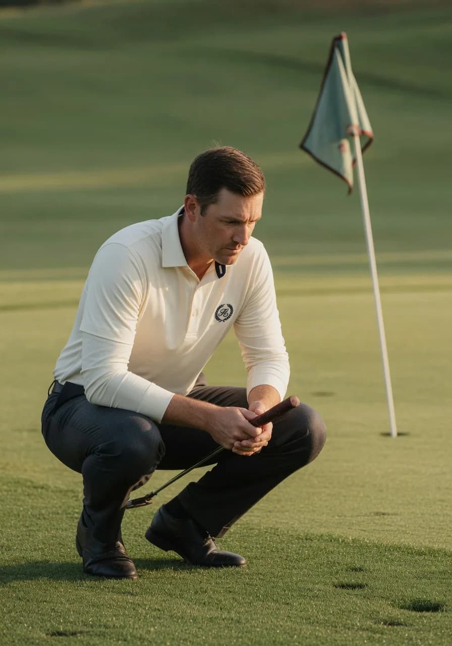 A golfer reading a putt in an ivory State Polo