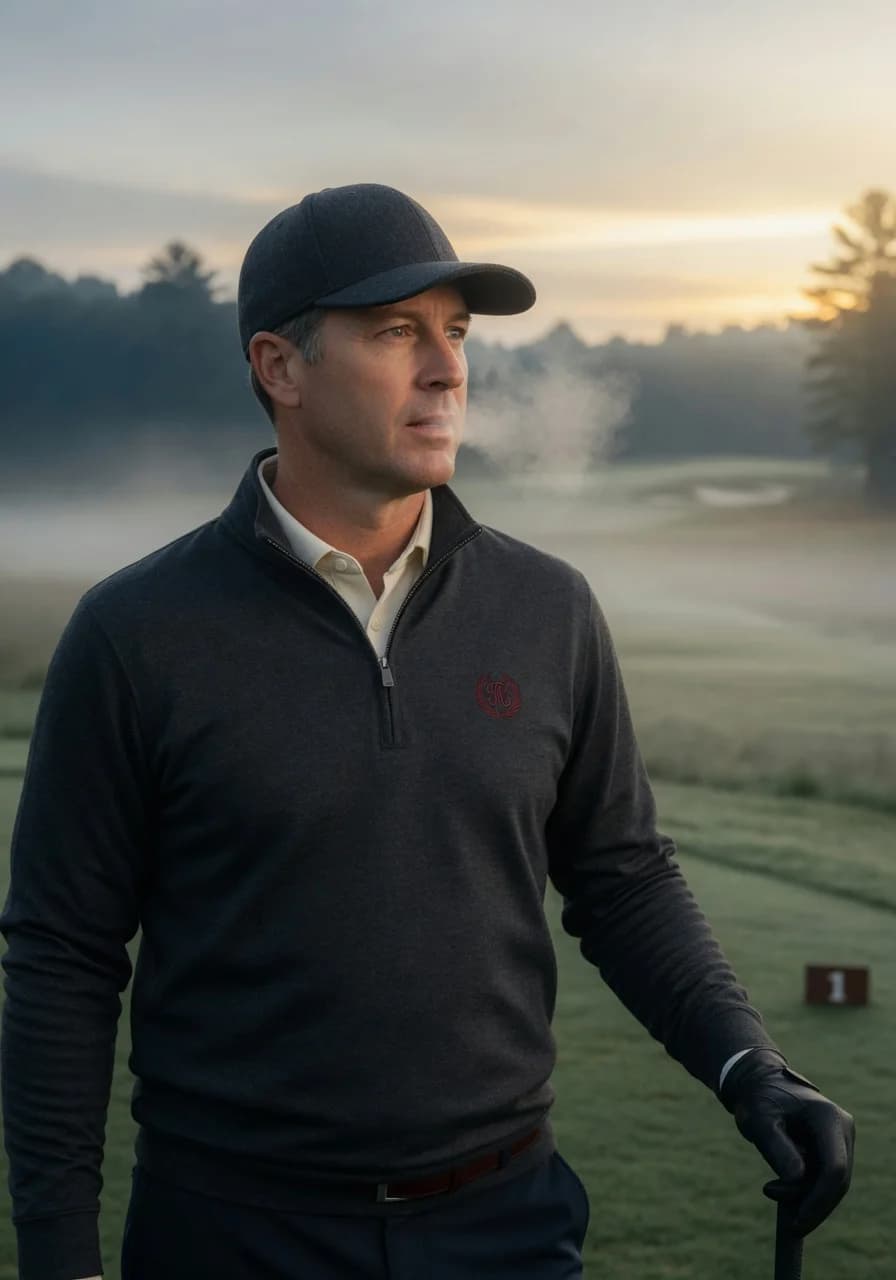 A golfer on the first tee on a cool morning in a quarter-zip