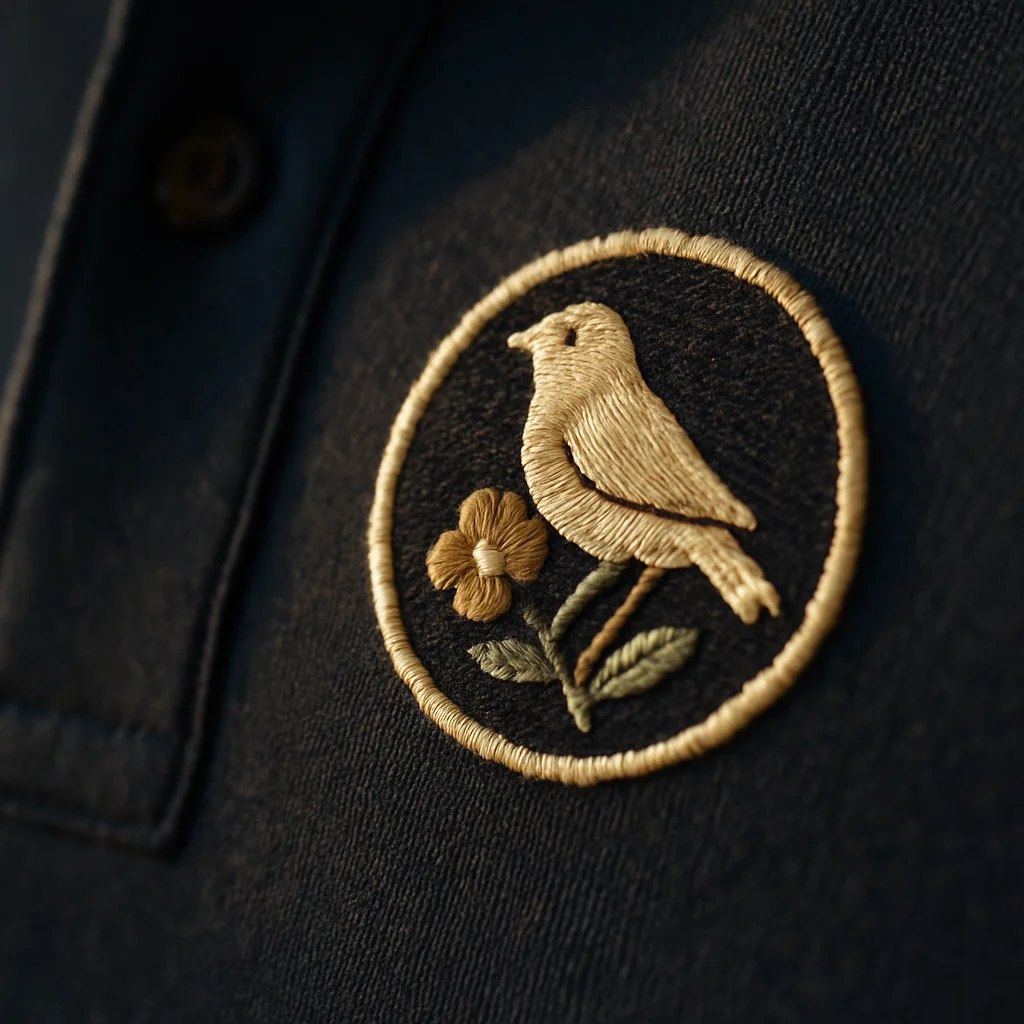 A macro view of an embroidered crest on a navy placket