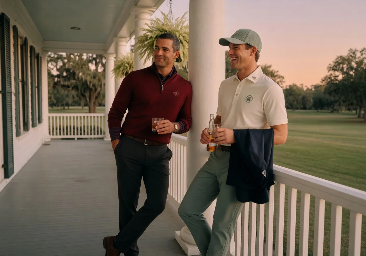 Two men on a clubhouse porch at dusk