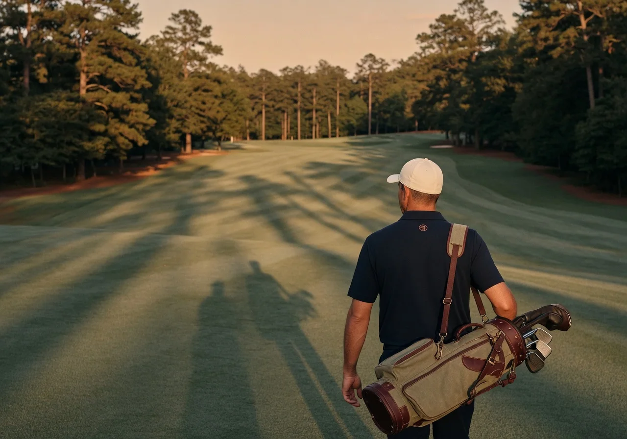 A golfer walking the fairway at golden hour